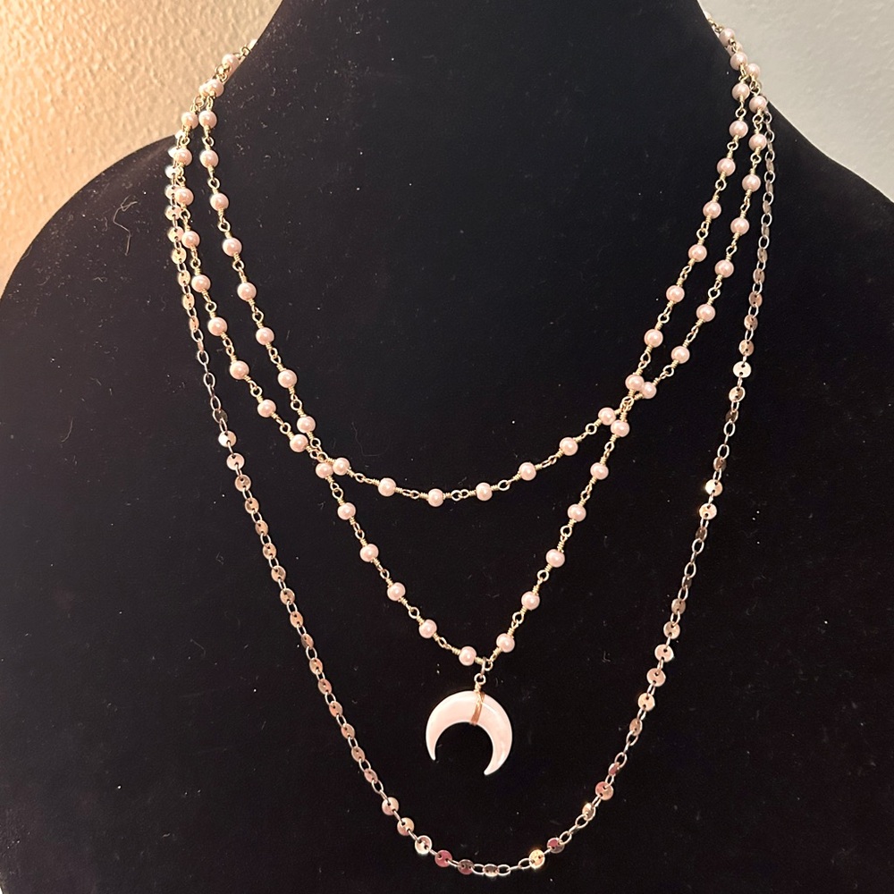 Gold and Pearl Beaded Crescent Moon Layered Necklace